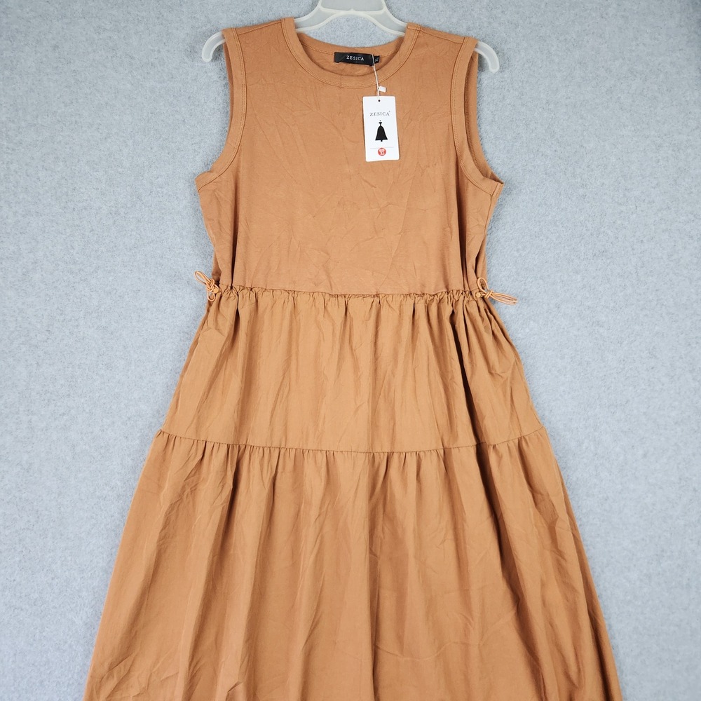ZESICA Women's Sleeveless Tiered Midi Dress in Camel